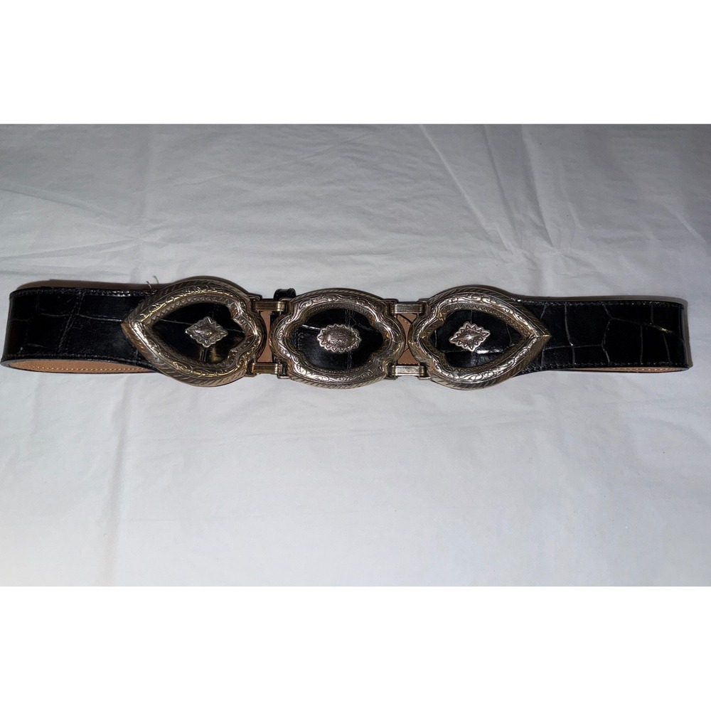 Brighton Leather Belt Womens Medium Black Silver Western Croco Embossed M 45703